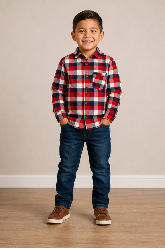 Boys Red Plaid & Denim Pants Set