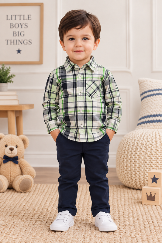 Boys Green Plaid & Blue Chino Pant Set