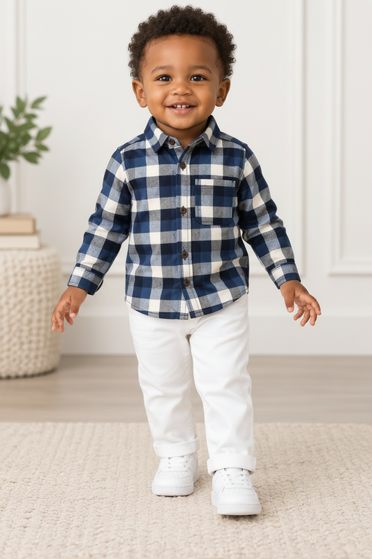 Toddler boy in plaid flannel shirt