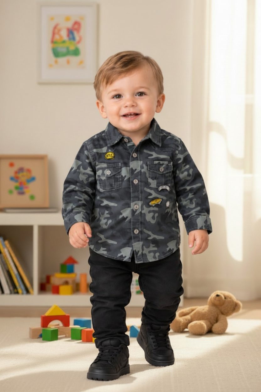 Toddler in Camo Shirt with Black Pants and Boots