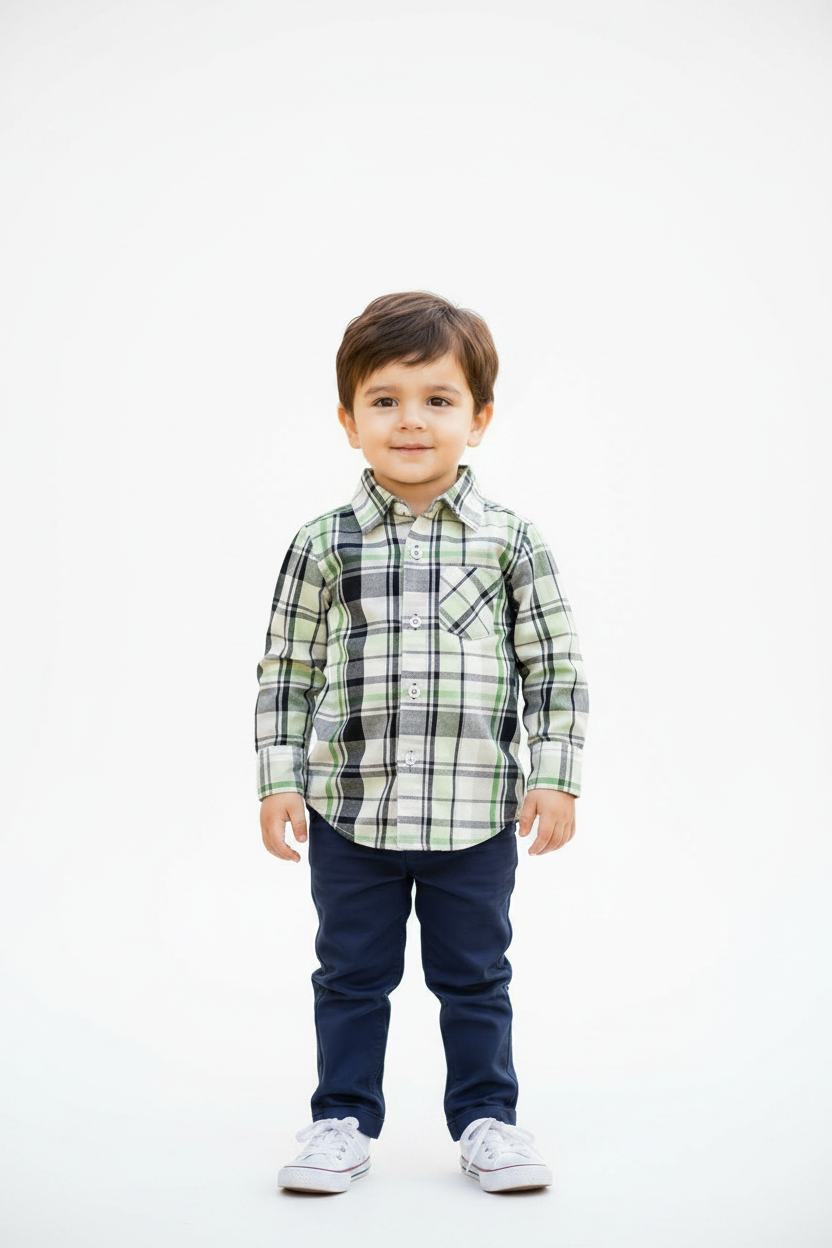 Toddler in plaid shirt with white studio background